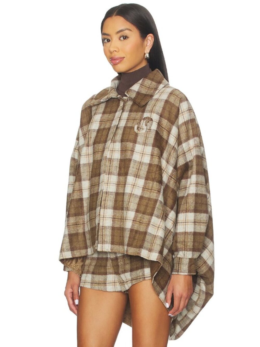 Understated Leather Plaid Western Cape in Cream & Brown - Picture 2 of 5